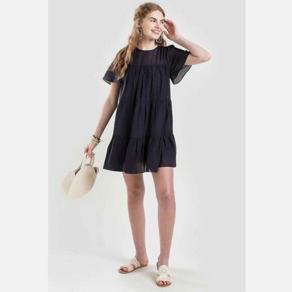 FRANCESCA’S Mi Ami Navy Babydoll Tiered Ruffled Lined Mini Dress Size S Boho - Picture 2 of 14